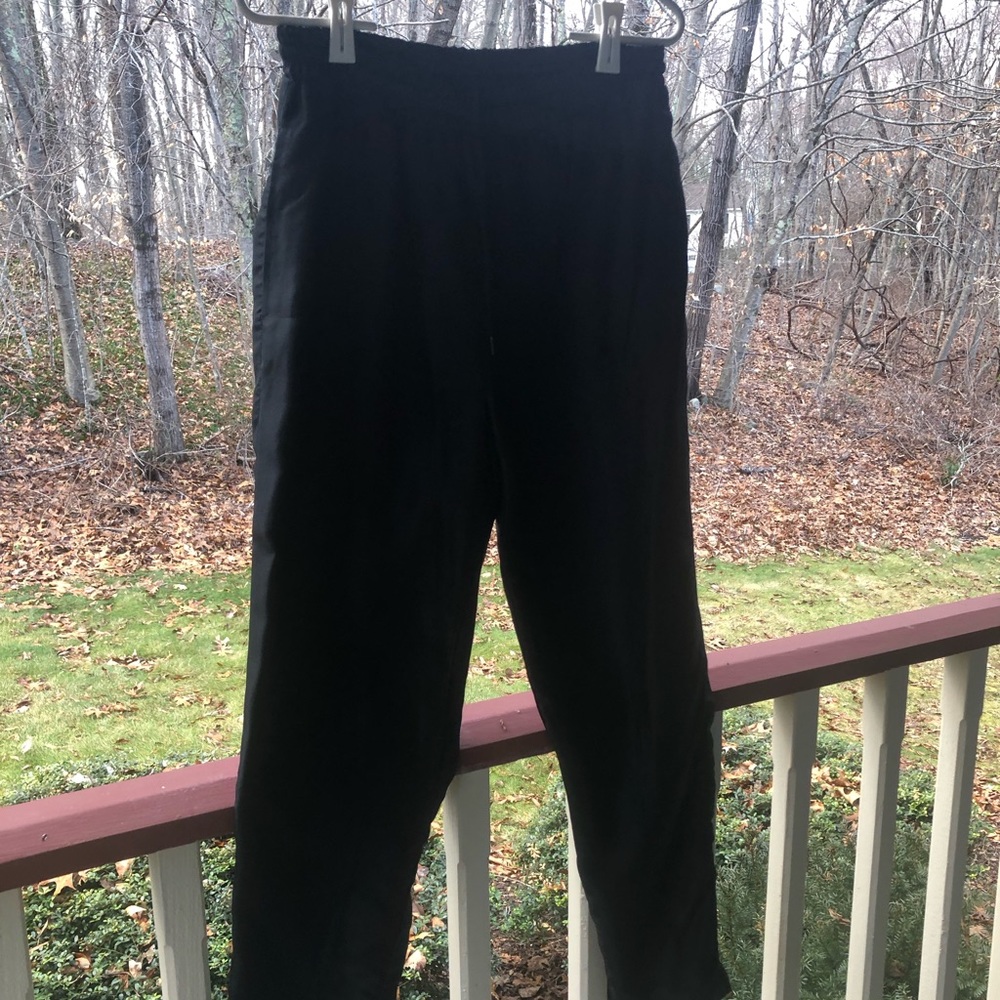 Black silk elastic waist drawstring pants
